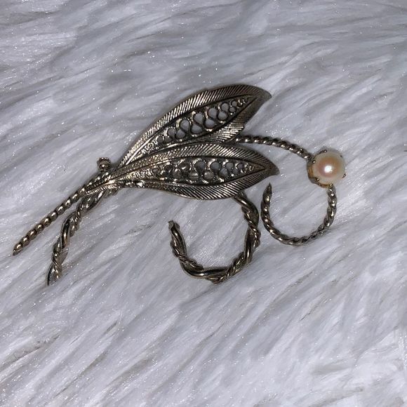 Vintage Sterling Silver Pearl Leaf Brooch Pin - Picture 1 of 14